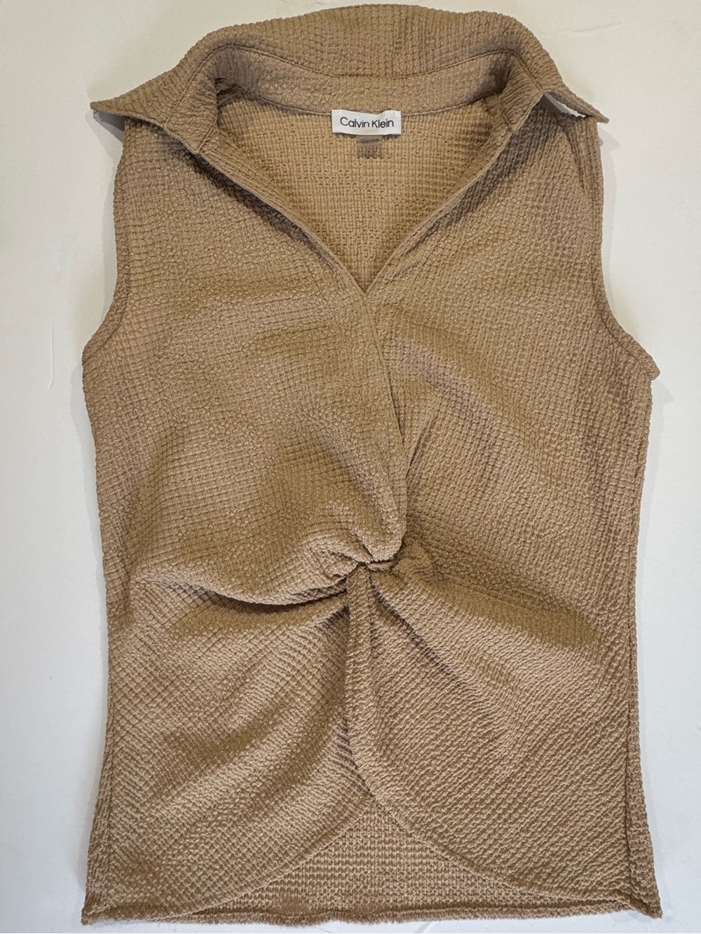 Calvin Klein Twist-Front Sleeveless Polo Tank in Camel
